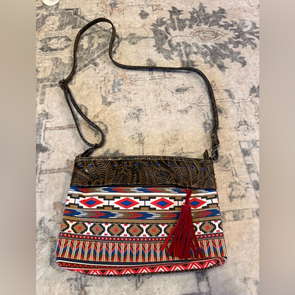 Way West Western Aztec Crossbody Bag Tooled Rhinestone Tassel
